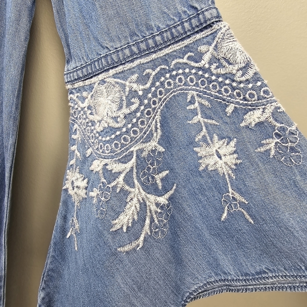 Coastal Western Short Denim Dress Embroidered Ruffle Flared Sleeve Womens Sz M - Picture 6 of 13